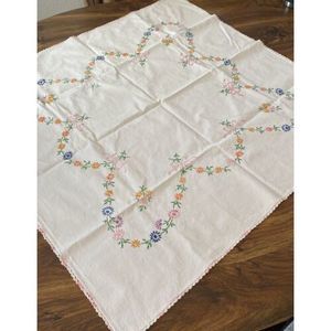 Vintage Hand Embroidered Floral Doily Dresser Scarf  Table 29”x30” Granny